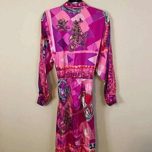 Louis Feraud 80s Vintage Pink 100% Silk Belted Sun Statue Print Dress 10 - Picture 6 of 12